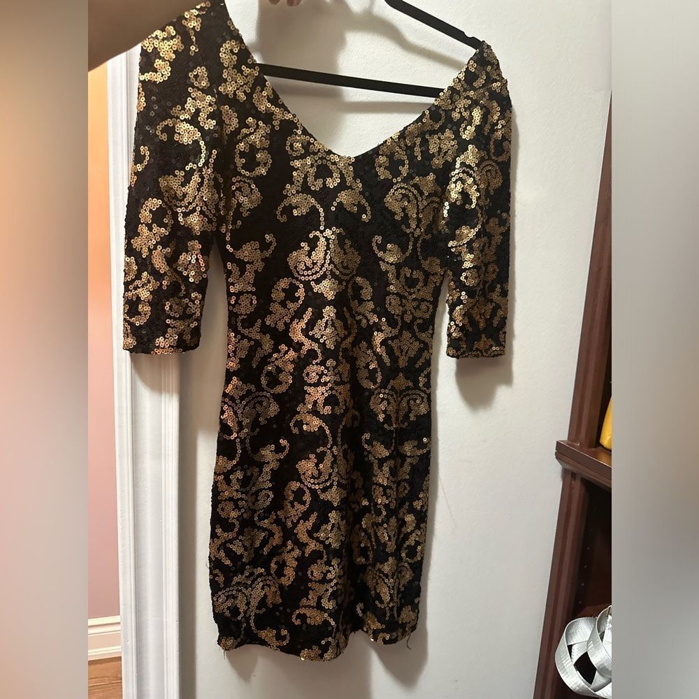 Dynamite Gold and Black Sequins Dress - 3/4 Length Sleeves - New Years/ Party